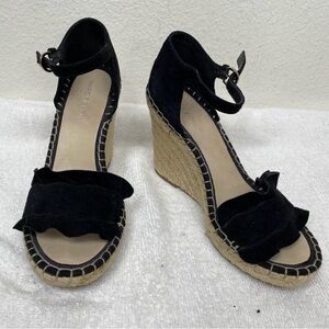 Marc Fisher Black Suede Kickoff Wedge Espadrille Sandals Size 7.5 Coastal Boho